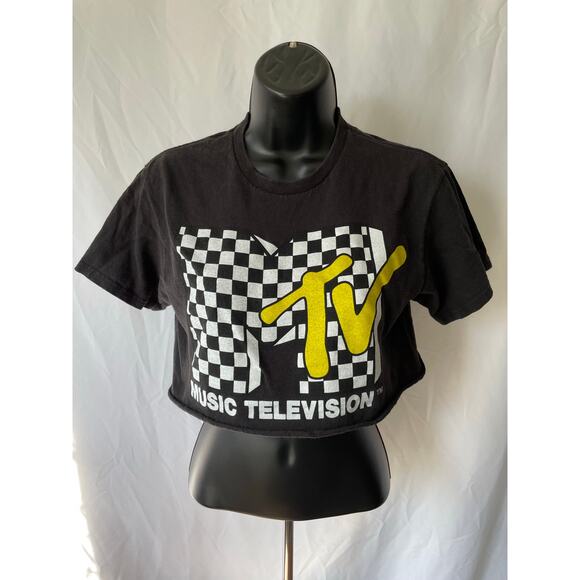 MTV Checkered Logo Crop Tee Black Sz S - Picture 1 of 4